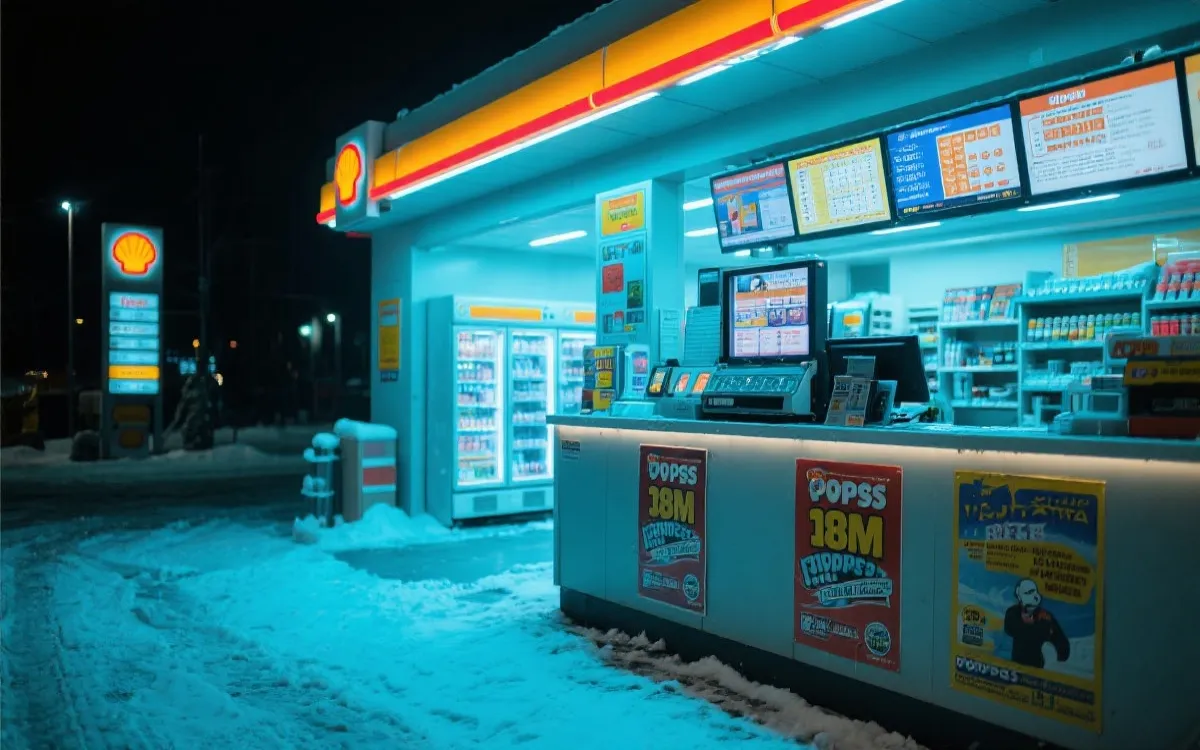 加油站内的便利店售票柜台，夜色与霓虹映照下的温暖场景